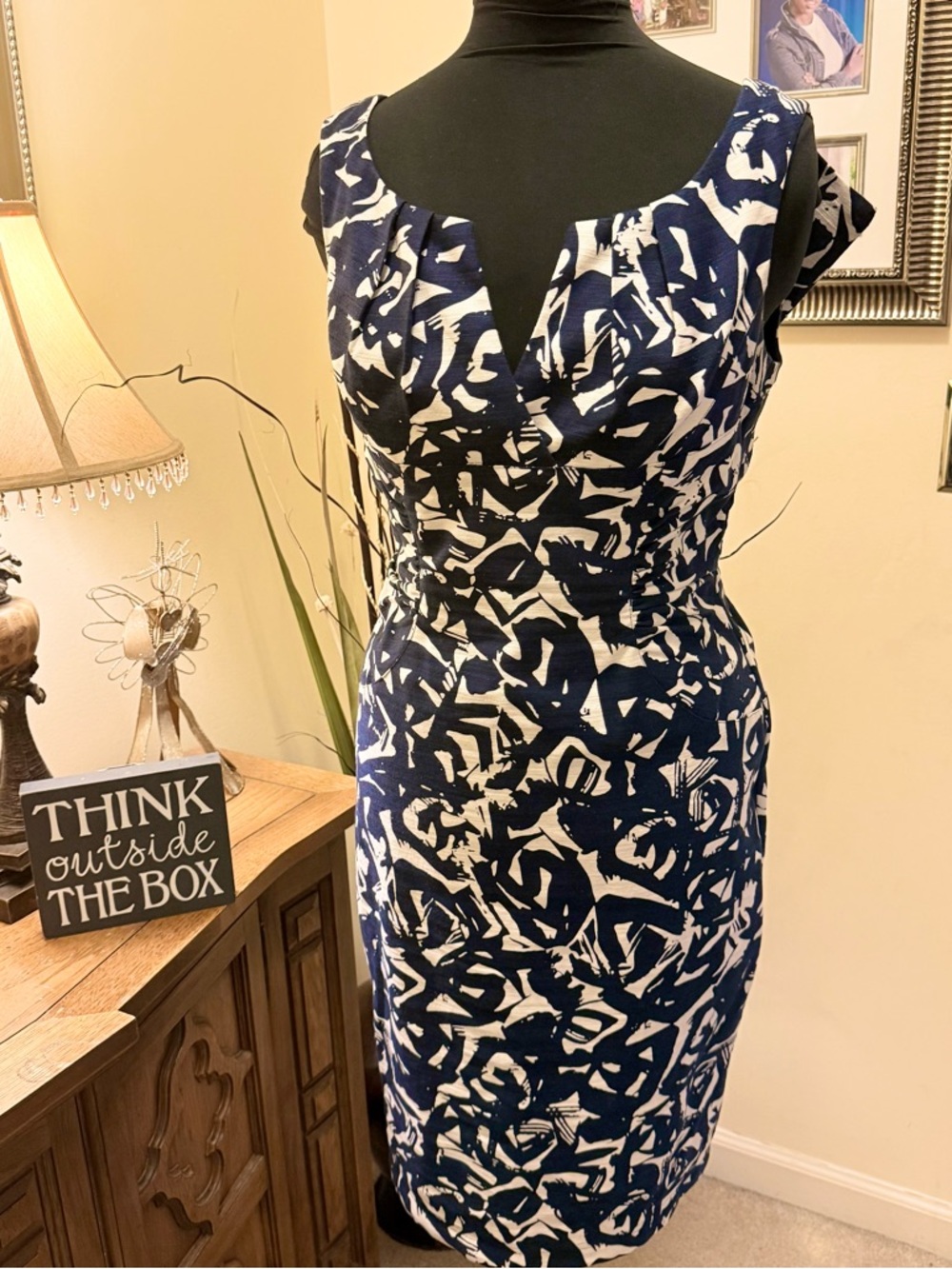 Adrianna Papell Navy and White Printed Midi Sheath Dress